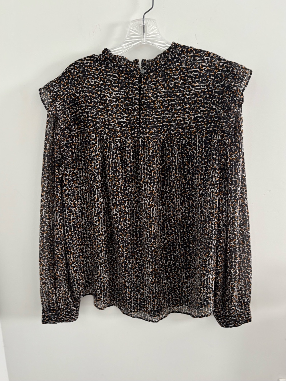 LOFT Black Multi Smocked Ruffle Long-Sleeve Blouse - Picture 3 of 8